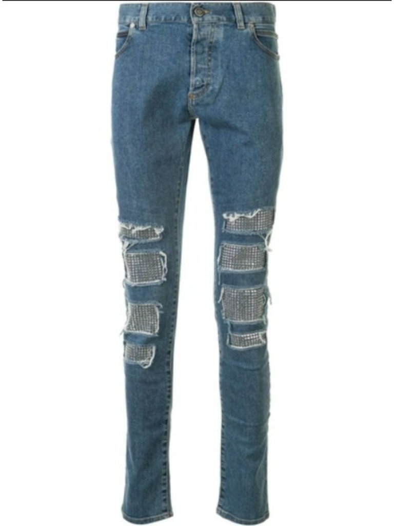 Balmain Men's Blue Jewel Distressed Denim Slim Leg Jeans, Size 31, Nwt $1,995